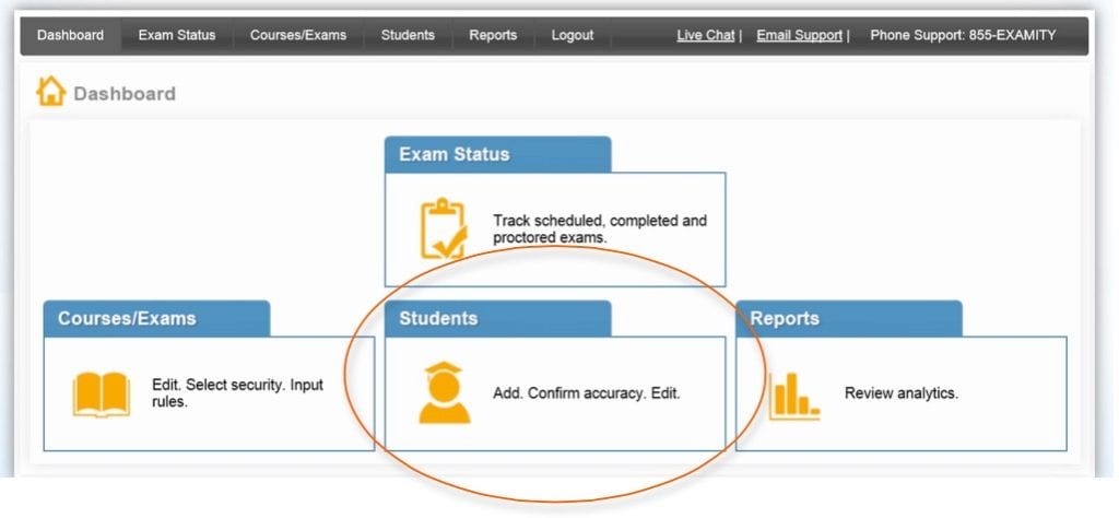 Students link on the Examity Dashboard